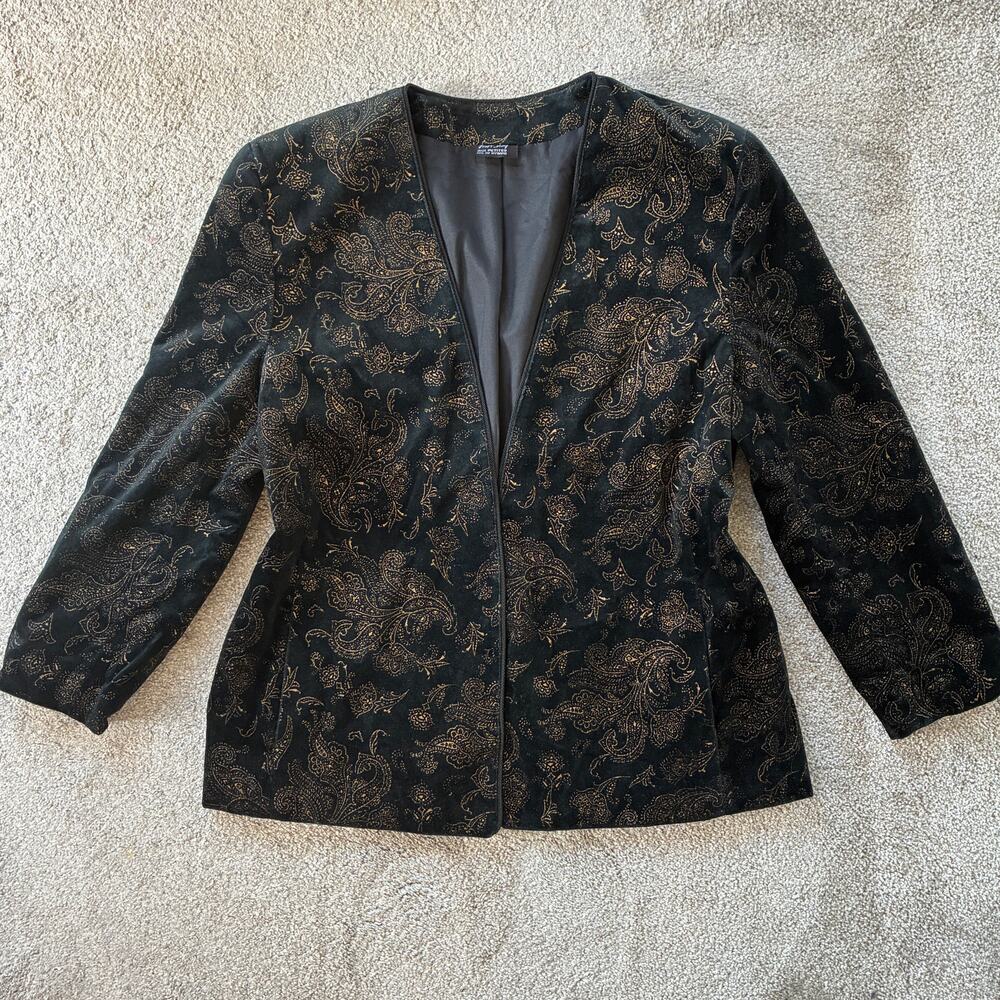 Vintage Velvet Paisley Tan Jay Openfront Black Gold Metallic Paisley Blazer Sz M